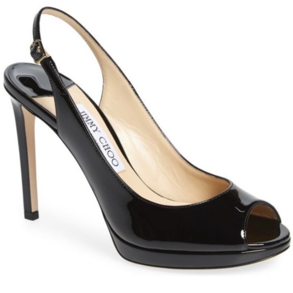 Jimmy Choo Nova Black Patent Peep Toe Platform Slingback 100mm Pumps 38 1/2